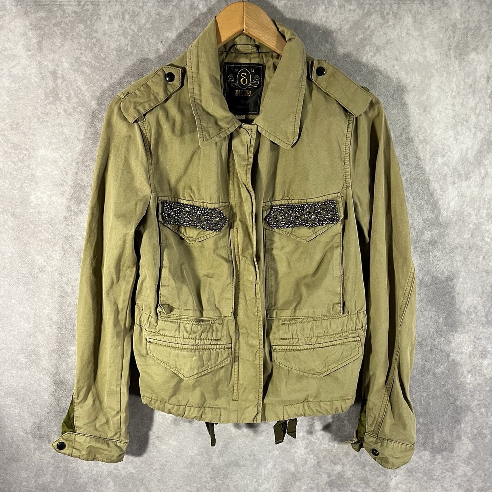 Diesel Field Jacket Womens Small Olive Green Beaded Military Utility Coat